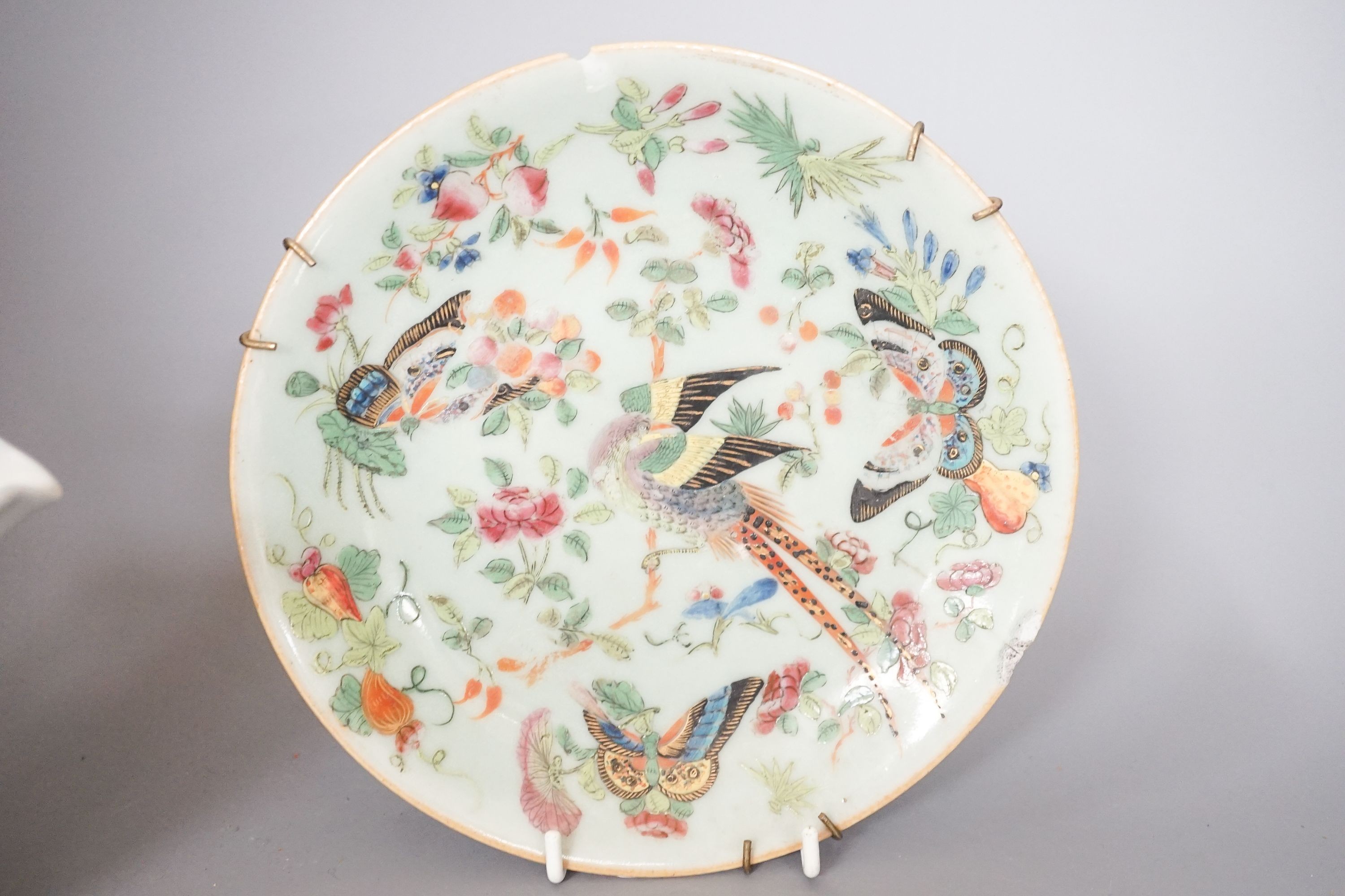 Two 18th century Chinese export porcelain bowls, a 19th century canton decorated dish, 19.5cm and a later ewer (4)